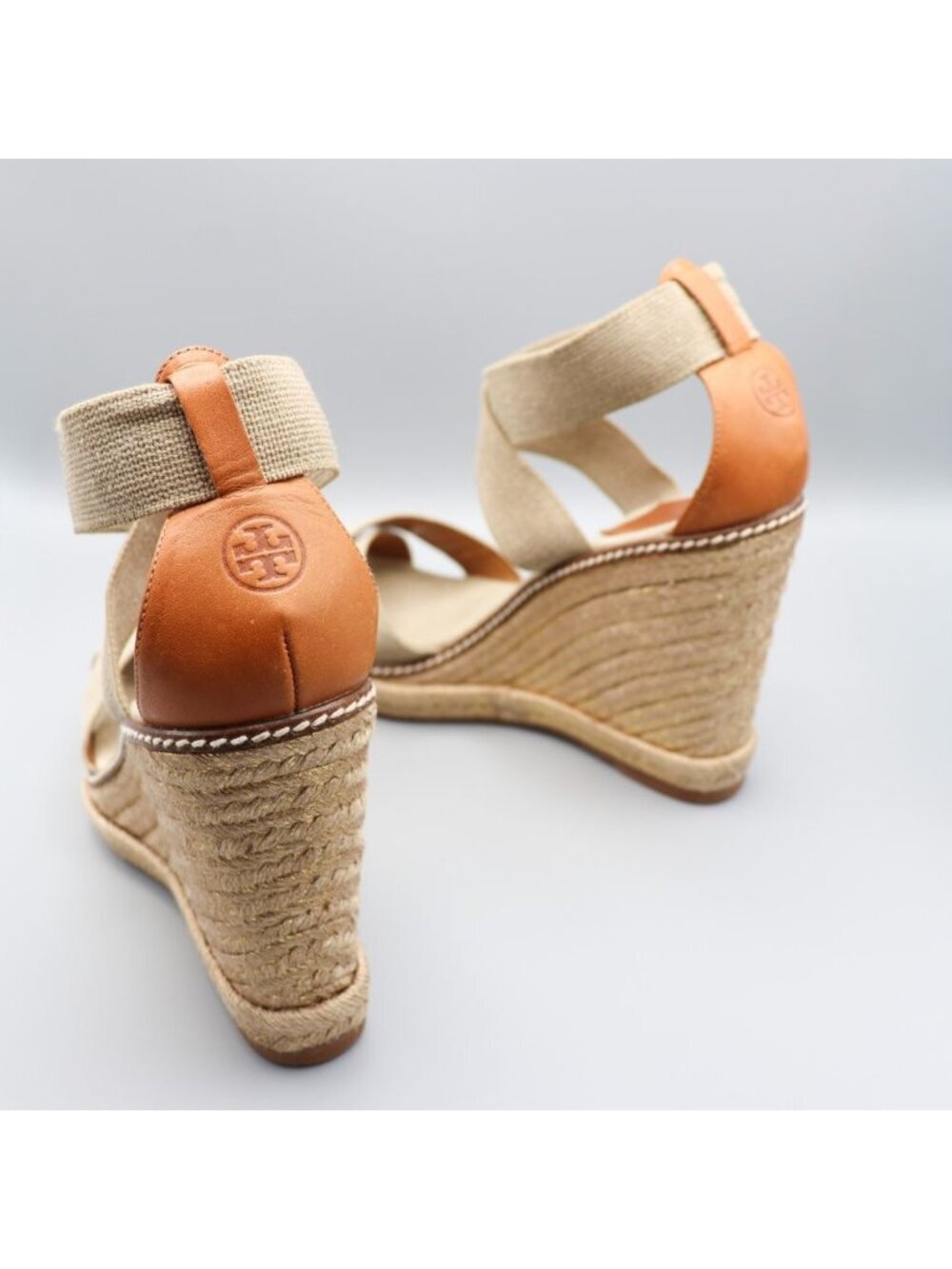Tory Burch Frieda Platform Wedge Espadrille Sandals Beige Elastic Straps 9.5 B - Picture 3 of 16